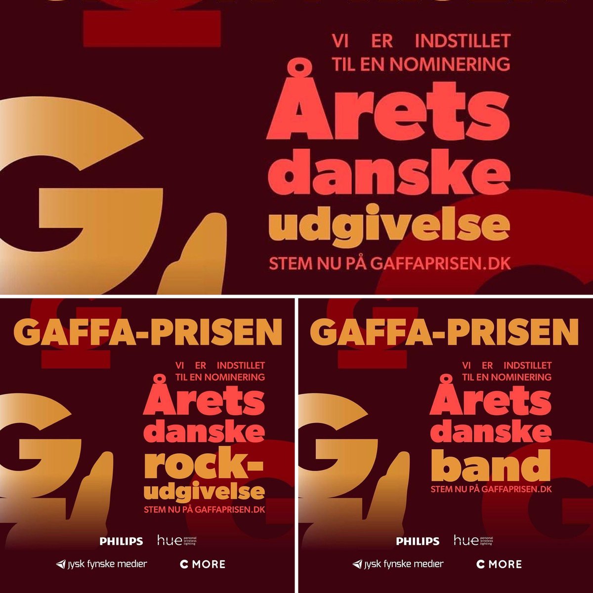 Kære venner . Vi er nomineret i tre kategorier til årets <a href="/GAFFA_DK/">GAFFA.dk</a> Pris:

- "Årets danske udgivelse" 
- "Årets danske band" 
- "Årets danske rockudgivelse" 

Vi har brug for jeres hjælp for at kunne vinde 🖤

I kan stemme via link:
gaffa.dk/gaffa-prisen-m…
