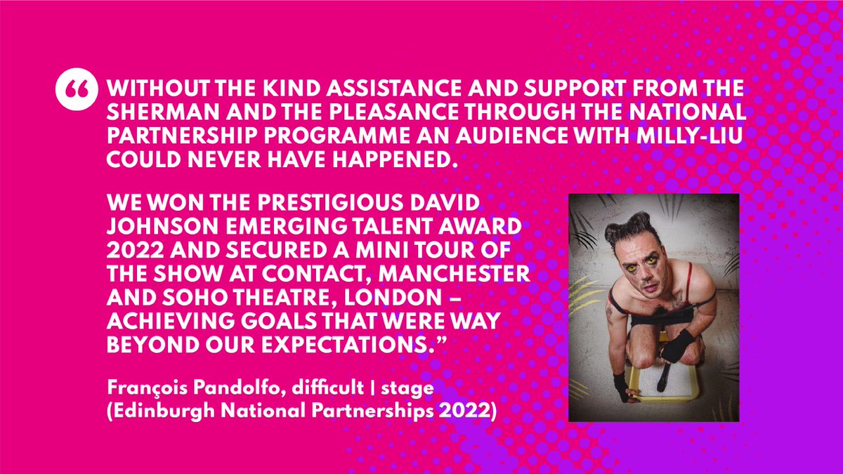 There's just a couple of weeks left to apply for this year's Edinburgh National Partnerships programme.

If you're a Welsh artist or company who'd like to take work to the Edinburgh Fringe in 2023, take a look.

The deadline is Wed 1 Feb. Find out more: ow.ly/86yg50Mw3SP