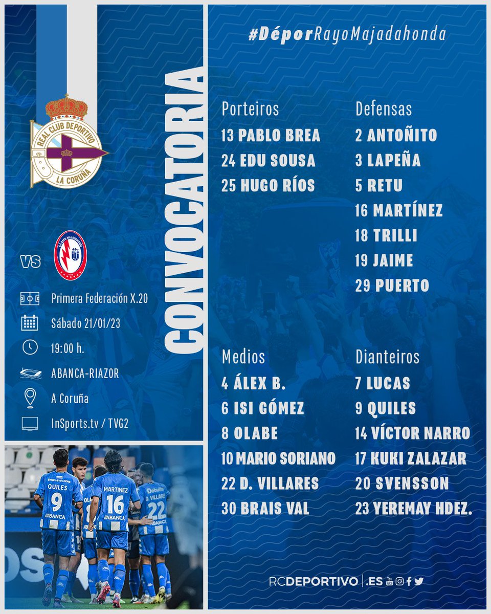 enelminuto91's tweet photo. 🔵⚪ | 𝐂𝐎𝐍𝐕𝐎𝐂𝐀𝐓𝐎𝐑𝐈𝐀

▶️ Estos son los 22 convocados por parte del Deportivo para la Jornada 20 de la #PrimeraFederación

✅ 3 fabrilistas convocados.

🆚️ Rayo Majadahonda
🏟 Abanca-Riazor
🗓 Sábado 21 de enero
⏰ 19:00 h.
📺 InSports TV / TVG 2

👉 @onosodeportivoo https://t.co/2bT4t6nvuz