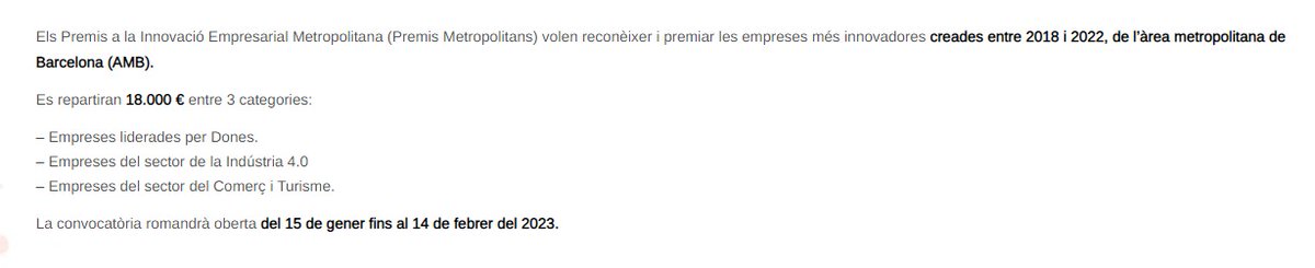 ¿Has creat una empresa innovadora entre el 2018 i el 2022, a l’Àrea Metropolitana de Barcelona (AMB)?

&gt;&gt;OBRIM CONVOCATÒRIA EL 15 DE GENER!&lt;&lt;
Es repartiran 18.000 € 
Més info a: bit.ly/premis2023