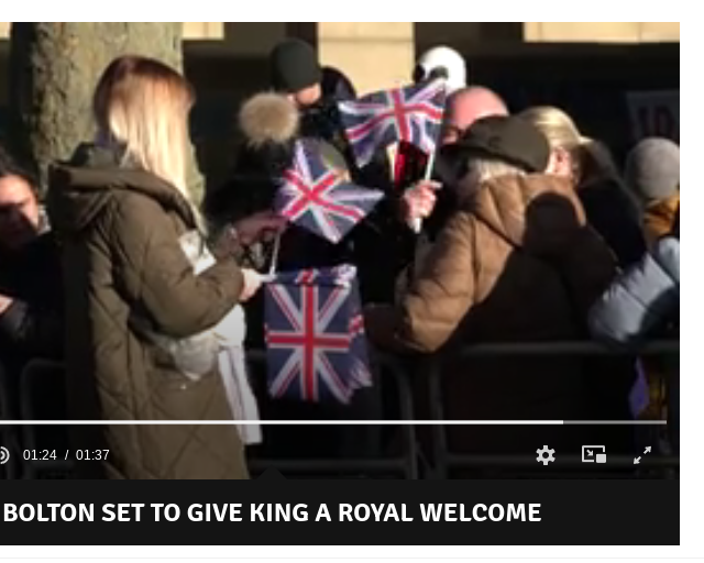 nomoremonarchs's tweet photo. The flags are fake. They are handed out just beforehand so the crowd will *seem* to be enthusiastic for the #propaganda photos.
#PRfakery #NotMyKing #Bolton https://t.co/v4fBhM8b4l