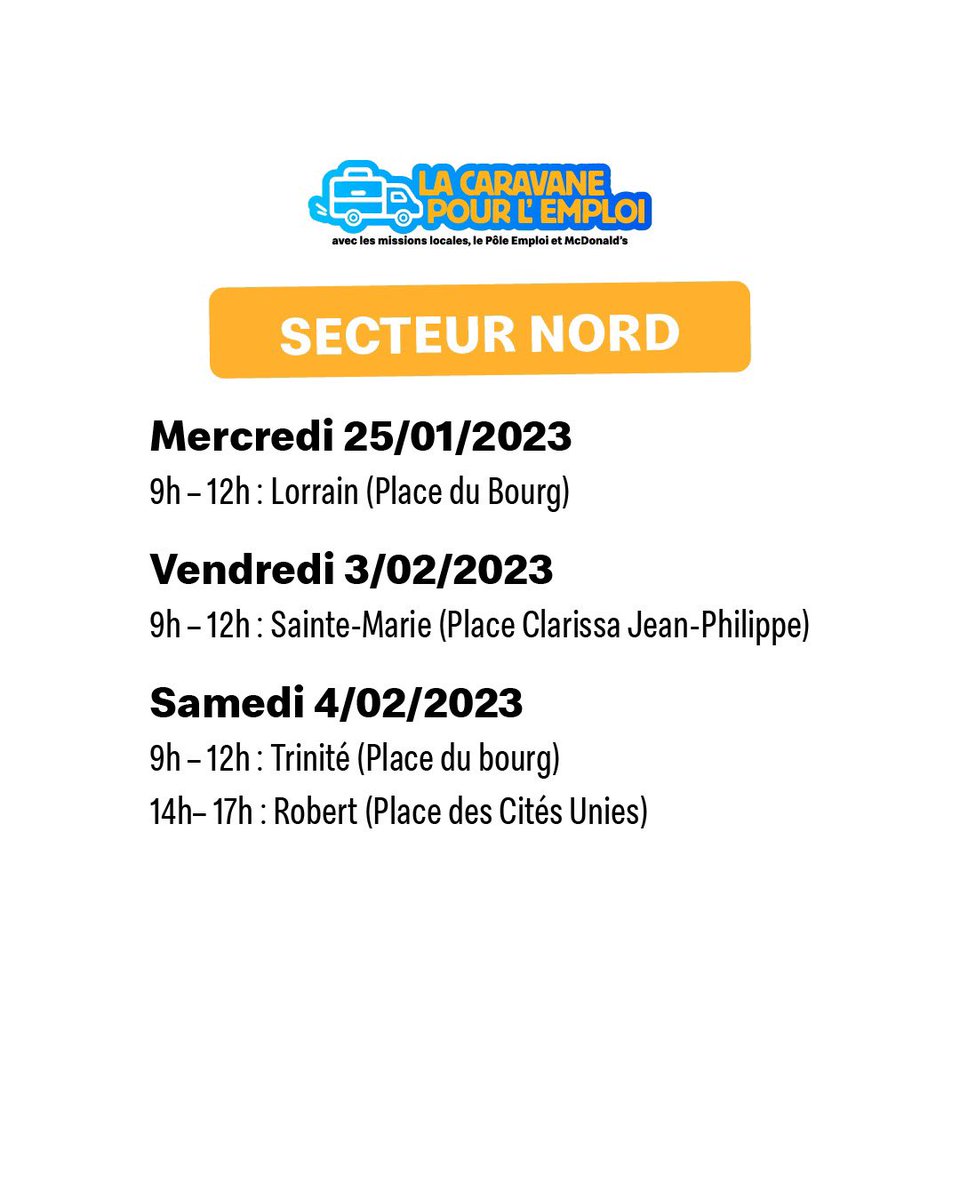 #événement #recrutement #jobdating
📆 Caravane de l'#emploi du 23 Janvier au 4 Février avec les équipes de <a href="/McDonalds_FWI/">McDonald's Antilles Guyane</a>, @poleemploi_Mque et <a href="/milnord972/">milnord martinique</a> <a href="/milsud972/">Mission Locale de l’Espace Sud 972</a> <a href="/MILCEMmq/">MILCEM</a>
🤝🏾Venez à notre rencontre avec votre CV📋 
⚠️Une 100aine de postes à pourvoir
Les étapes ci-dessous👇🏾