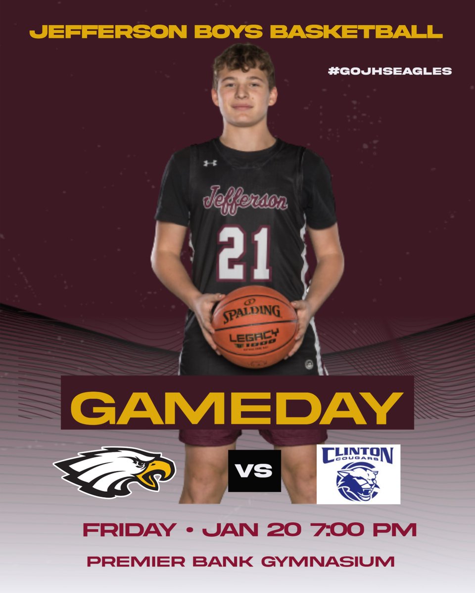GoJHSEagles's tweet photo. Jefferson Eagles Boy's Basketball will host the Cougars from Clinton at home tonight in a rematch of the first game of the season!

https://t.co/6ljlvv0oSr

#Eaglepride
#gojhseagles https://t.co/bjAf3H5LA7