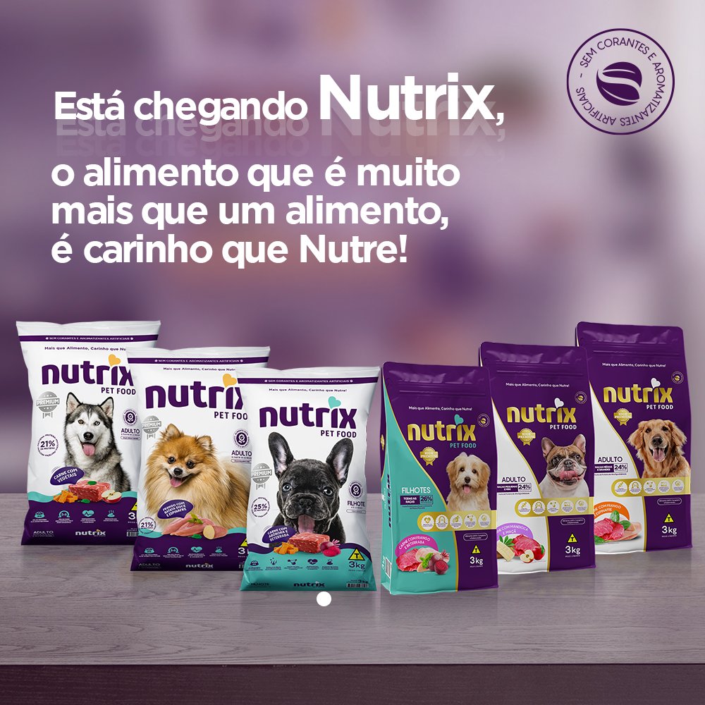 NutrixPetFood's tweet photo. Nutrix é um alimento que está chegando para fazer a diferença na vida do seu pet. Com uma fórmula totalmente sem corantes ou aromatizantes artificiais, os sabores de cada pacote, tanto Premium quanto High Premium, vão fazer seu pet querer sempre mais!💜💛

#nutrixpetfood #nutrix https://t.co/SfHfSxRvv5