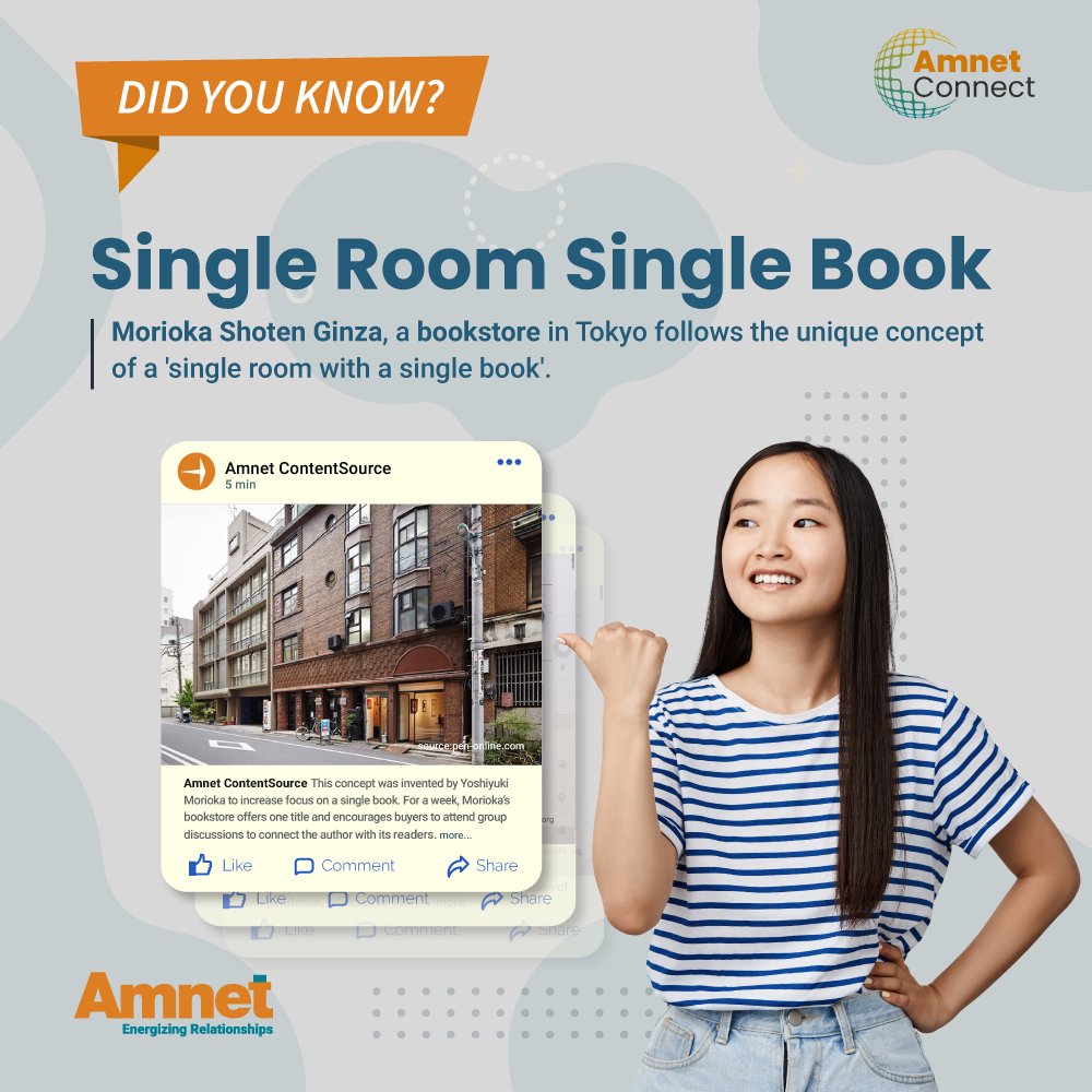 Amnetsys's tweet photo. Next fact on #AmnetConnect

Morioka Shoten Ginza, a bookstore in Tokyo follows the unique concept of a 'Single Room with a Single Book'

#Facts #Factcheck #Amnet https://t.co/3MhLIZmGOh