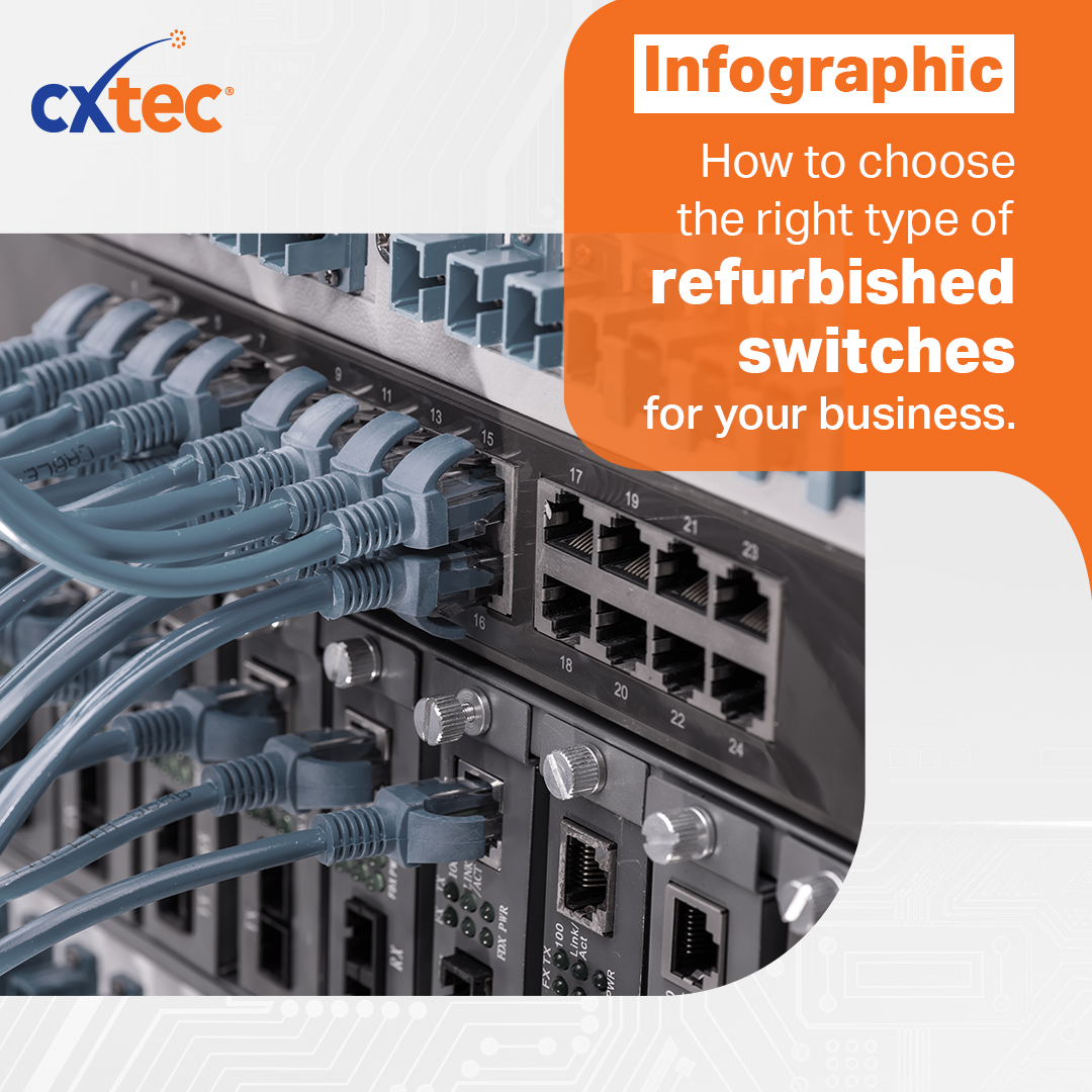 CXtec's tweet image. Top-quality networking gear is the foundation of smooth organizational operations, and switches are the backbone of a network. This infographic illustrates choosing the right type of refurbished switches for your business: tinyurl.com/2mdpy6bh #Refurbishedhardware #usedserver