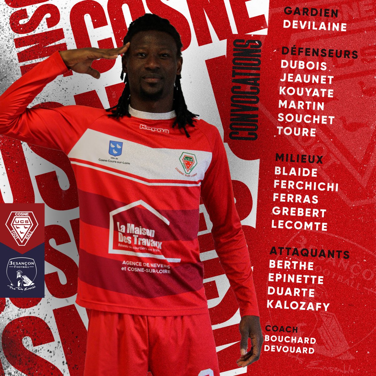 UCS_Cosne_Off's tweet photo. 🔴⚪️ 𝐔𝐂𝐒 𝐂𝐎𝐒𝐍𝐄 𝐯𝐬 𝐁𝐄𝐒𝐀𝐍𝐂𝐎𝐍 🔵⚪️

Découvrez la liste des 16 joueurs convoqués par Vincent Guardiola pour affronter le @BesanconFoot à 17H00 !

🏆 | 13ème journée de National 3
🏟️ | Stade Raphaël Giraux - Cosne
🕓 | Samedi 21 janvier - 17H00 https://t.co/whS9yBP4TK