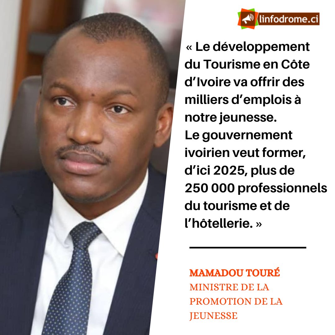 Linfodrome's tweet photo. #ParoleForte #citha 
Mamadou Touré, Ministre de la Promotion de la Jeunesse, de l’Insertion Professionnelle et du Service Civique : «Le développement du #Tourisme en Côte d’Ivoire va offrir des milliers d’emplois à notre jeunesse... »
#cotedivoire #linfodrome #emploijeune https://t.co/XUEt7blctO