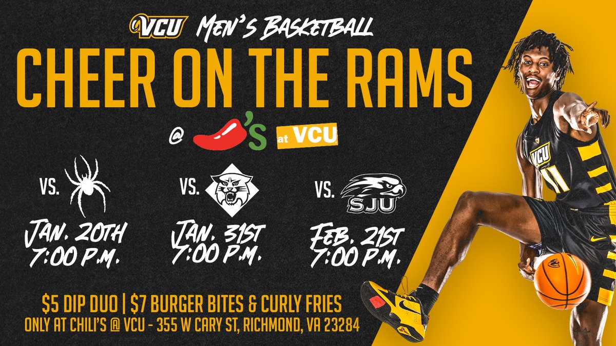 VCU_Dining's tweet image. Cheer on the Rams with the Gold Rush dancers at Chili's at VCU! Enjoy giveaways, dinner specials and a chance to win FREE tickets! 🆓🎟️

The first game is tonight @ 7 pm. #VCU #VCUHoops #VCUBasketball #LetsGoVCU #VCURams