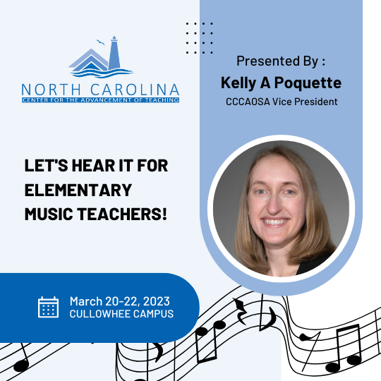 Come and join our VP Kelly A. Poquette for the NCCAT Course "Let's Hear it for Elementary Music Teachers!" All NC public and charter school elementary music teachers are eligible to attend this FREE professional development. Registration is limited. nccat.org/node/2947