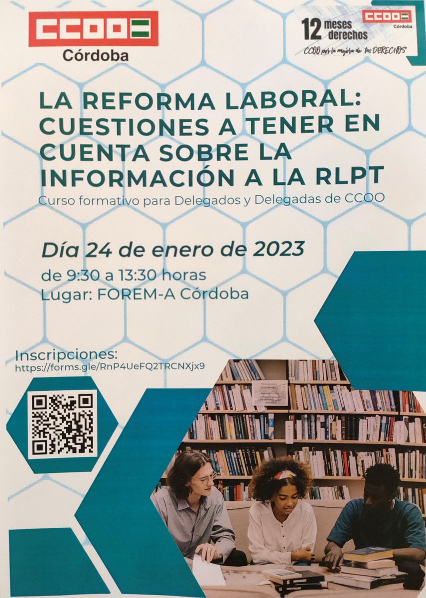 CCOOCORDOBA's tweet image. La reforma laboral ha introducido cambios importantes
@CCOOCORDOBA celebra un curso destinado a representantes de lxs trabajadorxs.
Infórmate y fórmate
#ElpoderDeCambiarLasCosas #elpoderestaentusmanos