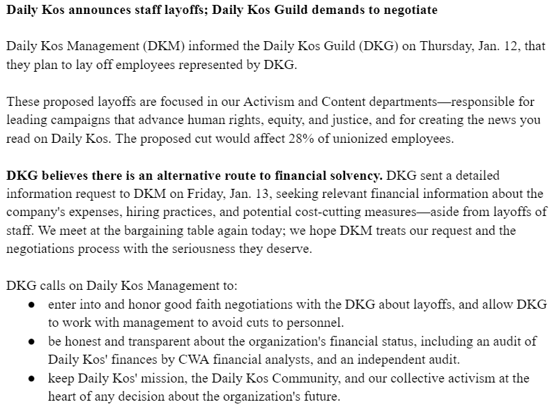 DailyKosGuild's tweet photo. The full text of our public statement about the impending layoffs @dailykos, and our demand to management to negotiate for a more equitable solution. /🧵 https://t.co/Vf4UubMSPz