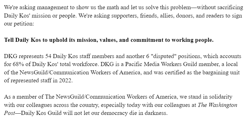 The full text of our public statement about the impending layoffs <a href="/dailykos/">Daily Kos</a>, and our demand to management to negotiate for a more equitable solution. /🧵