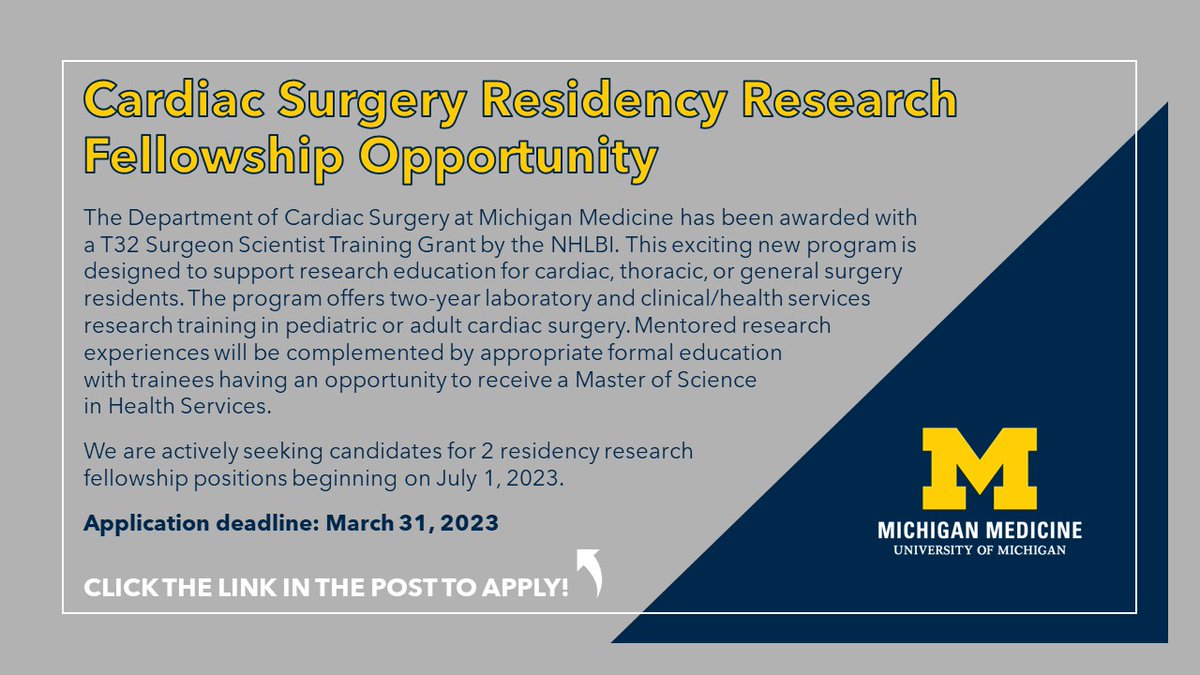 A new era in training academic leaders in cardiac surgery has arrived! We are looking to fill 2 post-doc slots for our new T32 surgeon scientist training grant starting in July. Click the following link to apply! <a href="/UMichCTSurgery/">Michigan CT Surgery Residency</a> <a href="/umichCVC/">U-M Health Frankel CVC</a> <a href="/umichmedicine/">Michigan Medicine</a>

jobs.ctsnet.org/job/cardiac-su…