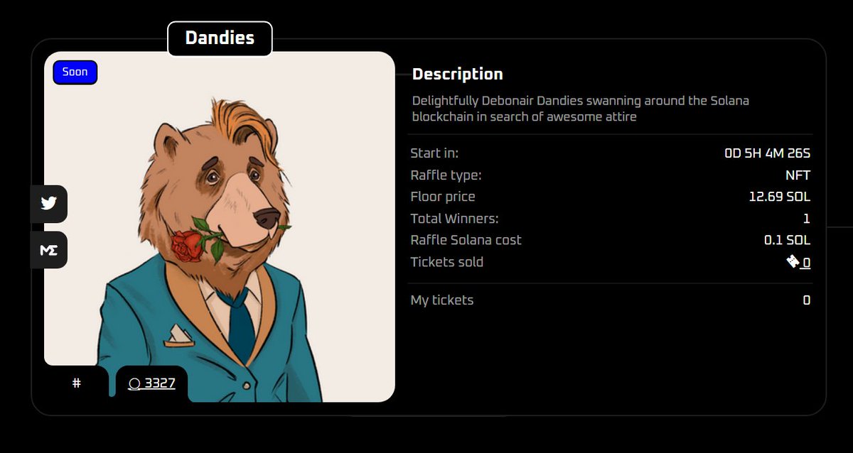 Hey gang how are u doing? 🛸
We have 1 ACTIVE RAFFLE on our page 🔥

✅ 1 NFT  <a href="/DandiesNFT/">Dandies</a>

market.bizarreplatypus.io

Don't miss your chance to win, buy your tickets using $Solana, ticket price is 0.1 $SOL
Good luck to you all! 

#Raffles #Solana #NFTs