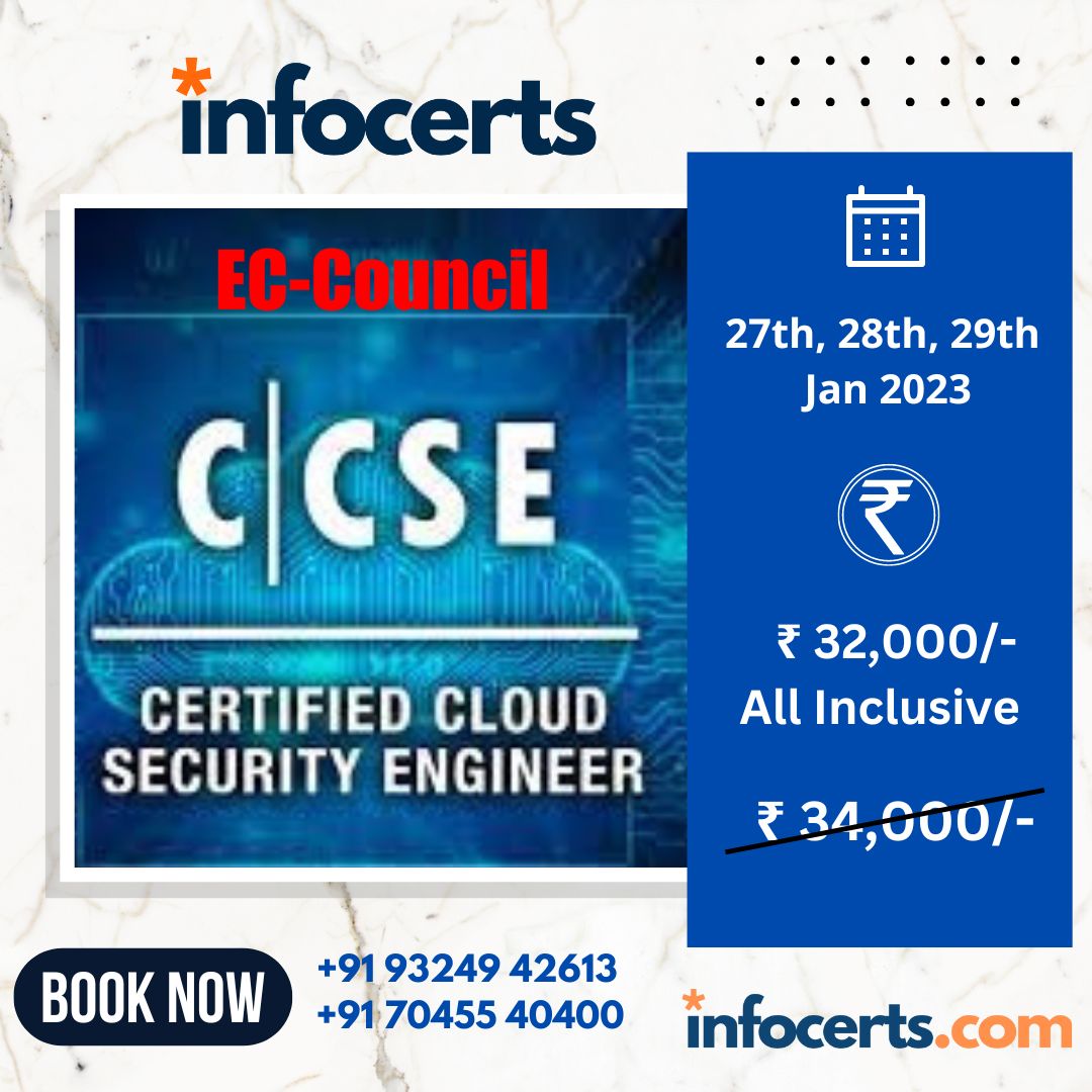 infocerts's tweet image. #CCSE | #CertifiedCloudSecurityEngineer.
Course Details
Dates:  27th, 28th, 29th Jan 2023
Actual Fees:- ₹34,000/-
Discounted:- ₹32,000/- All Inclusive
📱 +91 93249 42613 / +91 70455 40400
infocerts.com/ccse-certified…
.
#infocerts #eccouncil #iveonline #Training #Certification