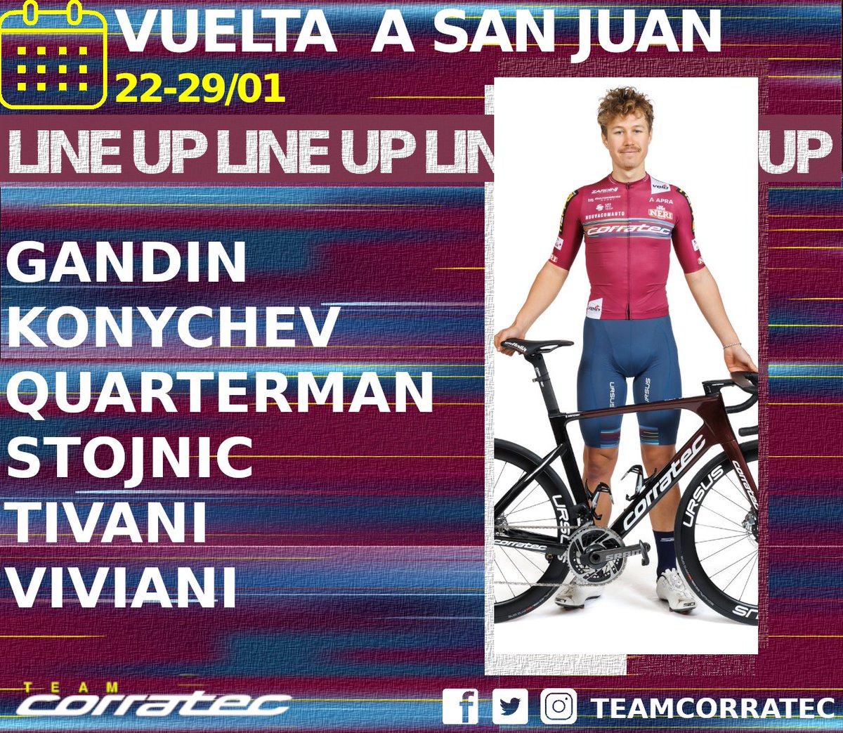 La nostra selezione per la <a href="/vueltasanjuanok/">Vuelta a San Juan OK</a> 
Our line up for the #VueltaSJ2023 

Gandin
Konychev
<a href="/quartermanc/">Charlie QUARTERMAN</a> 
Stojnic
<a href="/nicolas_tivani/">Nico Tivani</a> 
<a href="/AttilioViviani/">Attilio Viviani</a> 

DS <a href="/sergeparsani/">serge parsani</a> 

#NeverGiveUp #Teamcorratec
