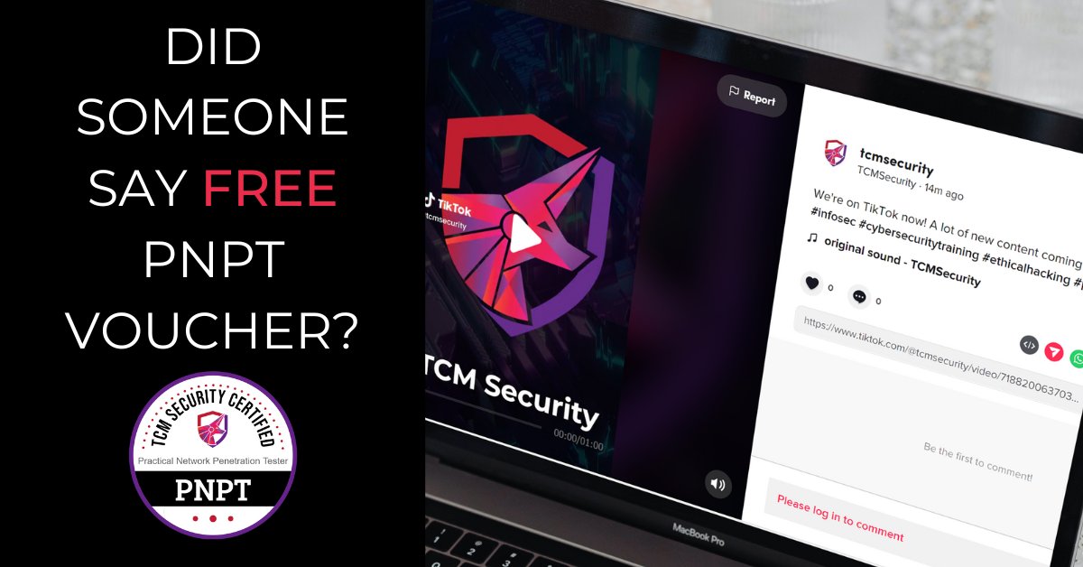 We're giving away 2 PNPT w/ Training vouchers to our followers on TikTok (inb4 Chinese spyware)

You simply have to follow these 2 accounts (each follow enters you in the drawing):

lnkd.in/gjzPvhJK
lnkd.in/gHUf5qQk

We'll draw all winners next Friday, January 27th.