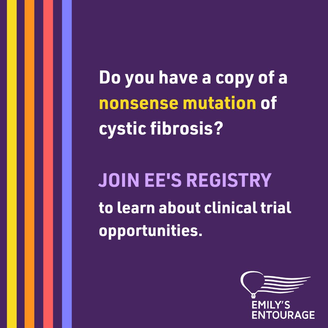 Do you or your child have at least 1 copy of a nonsense mutation of CF? Join <a href="/EmilysEntourage/">Emily's Entourage</a>'sCF nonsense mutation patient registry to learn about clinical trial opportunities! 
emilysentourage.org/patient-regist…