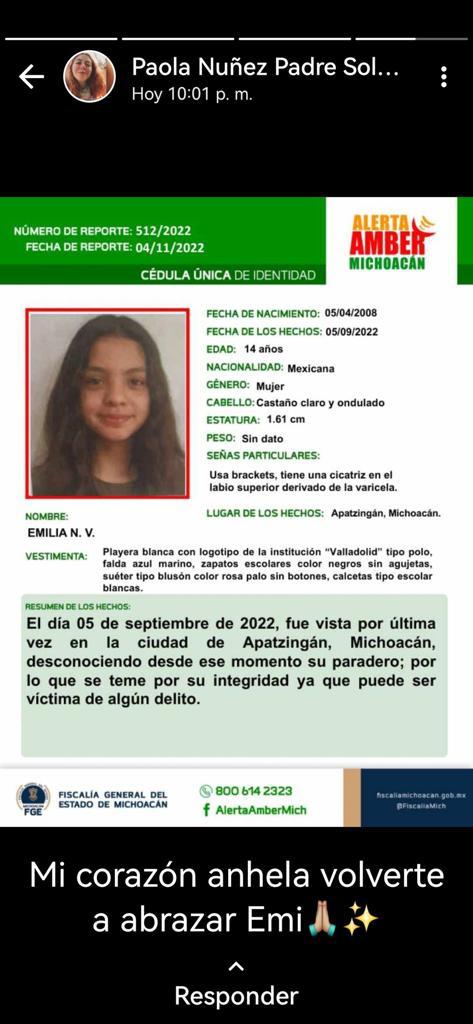 #TeBuscamos Emiliana N. V. 14 años #Desaparecida 5/Septiembre/2022 #Apatzingan #Michoacán @botDesaparecidx @Fridaguerrera @Buscadoras_Gto @marcelaturati @IBERO_mx @veroespinosav @CentroProdh @sangrederebelde @kiquinta @busquedauamc @brigadabuscando