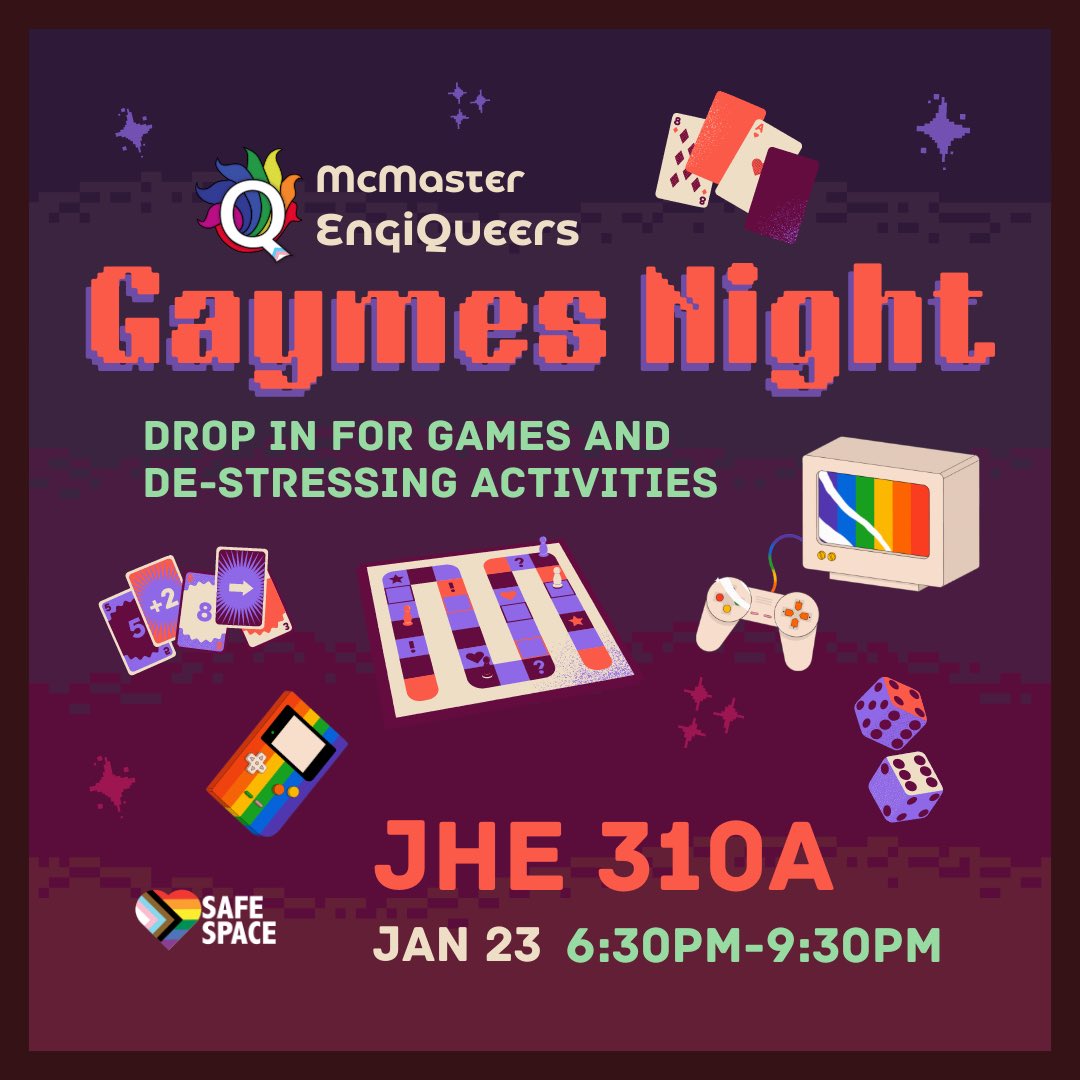 Come join us for a casual drop-in gaymes night this upcoming Monday in John Hodgins Engineering Building 310A from 6:30 to 9:30pm. We'll have a Nintendo Switch along with other card games and board games. Meet some friends and relax, see you there!