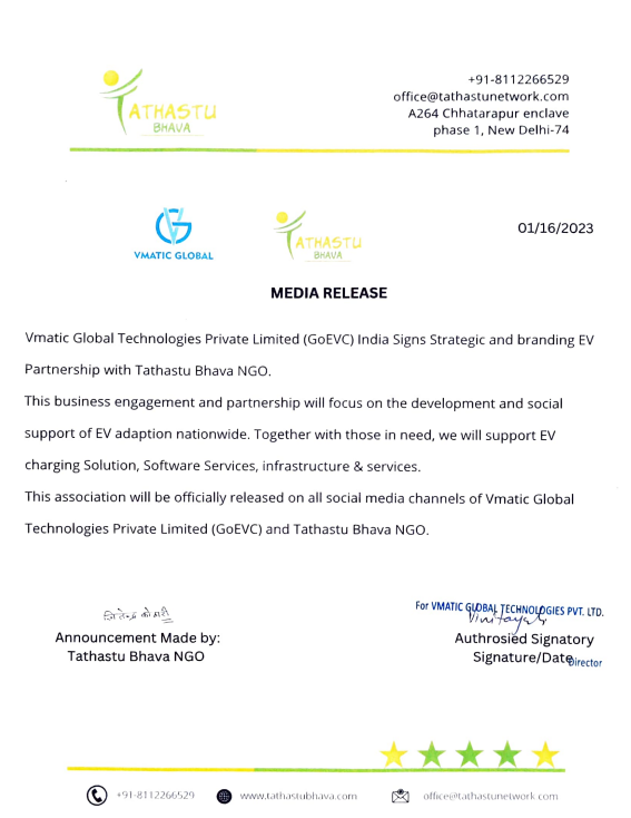 VmaticT's tweet photo. Vmatic Global Technologies Private Limited (GoEVC) India Signs Strategic and branding EV Partnership with Tathastu Bhava NGO. Will focus on the development and social support of EV adaption. 

 @Shoonya_India @nitin_gadkari @Energy_NITI  #GoEVC
@TathastuNGO https://t.co/FOr1mRUFyX