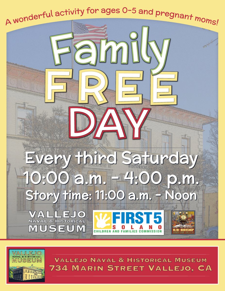 Join us for the first Family Free Day of the year on Saturday January 21, 2023 ! Guests will enjoy story time, free snacks, free books and admission to the museum. 
@VisitVallejo <a href="/CityofVallejo/">City of Vallejo</a> @AlibiBookshop