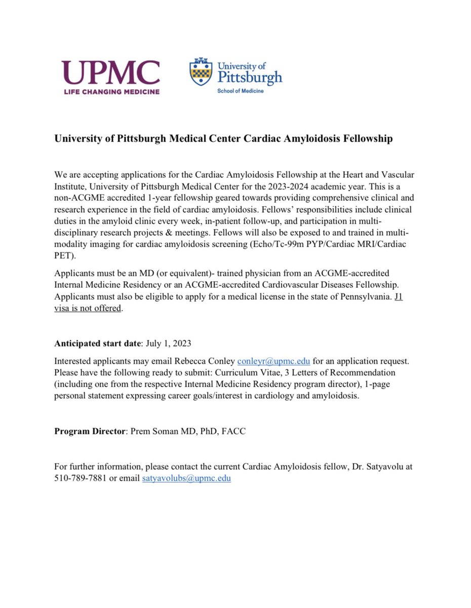 SatyavoluShannu's tweet photo. We are accepting applications for the UPMC Cardiac #amyloidosis Fellowship for the 23-24 AY. Please review the attached image for more details and feel free to DM/contact me with questions. @premsoman123 @HviUpmc @PittCardiology #Cardiotwitter https://t.co/sqG36TMXDv
