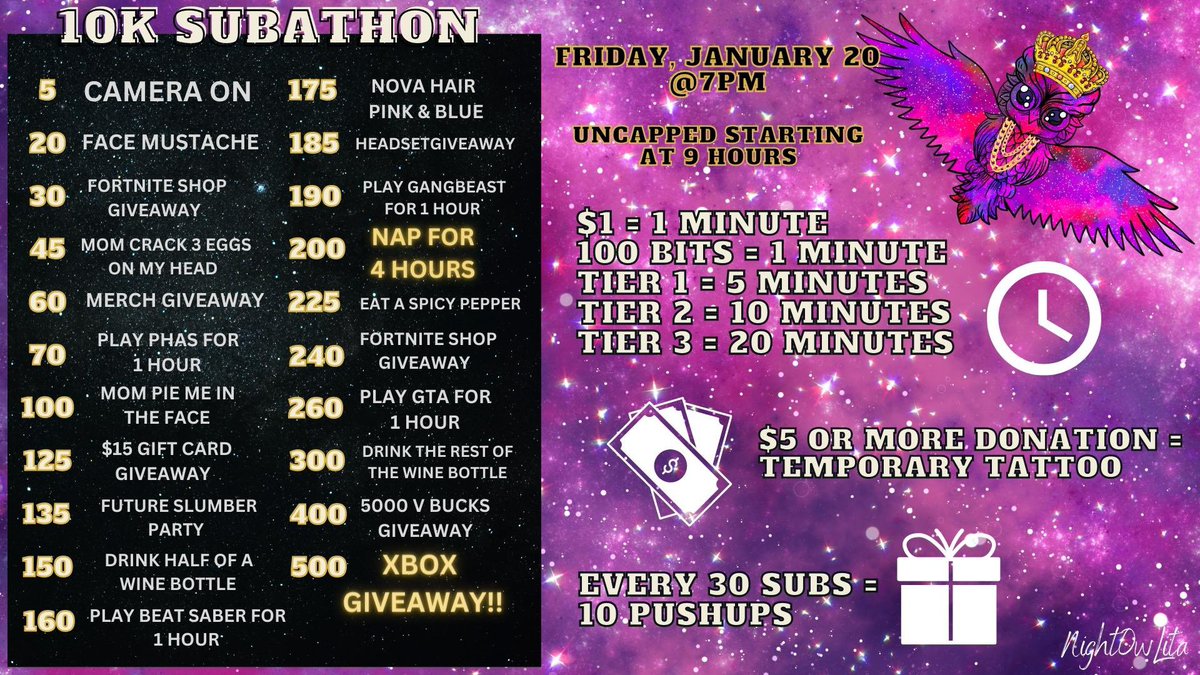 Night0wLita's tweet photo. It's SUBATHON night! Come help me reach my goal. Starting at 7 pm - TBD CST! 🎉

https://t.co/o1vKdvLG8s

#twitch #smallstreamer #thai #suubathon #subathon2023 #nightowlita https://t.co/BP2R8tqbMR