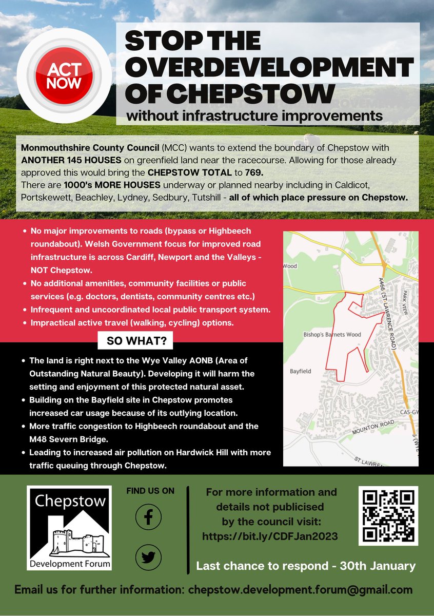ChepstowDevelop's tweet image. 📢 Monmouthshire Council wants to extend the boundary of #Chepstow - 769 more houses. Do you think Chepstow’s infrastructure can cope? 

Have your say! Deadline to respond is Monday 30th January. Find out more - bit.ly/CDFJan2023

#chepstowmakeyourvoiceheard