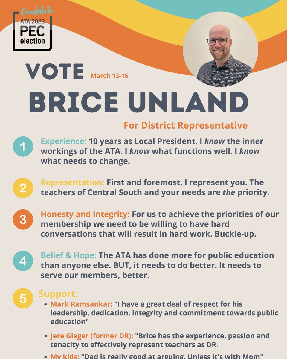 Brice Unland (@drjykill) on Twitter photo Colleagues!
We find our profession and Public Education at a pivotal point. Representation & strong leadership is necessary.
I am running to represent you in <a href="/ATALocal80/">ATA Local #80</a> <a href="/60Local/">RD City ATA Local 60</a> <a href="/atalocal3/">ATA Local #3</a> <a href="/ATALocal17/">CESD ATA Local 17</a> @clearviewpublic <a href="/albertateachers/">Alberta Teachers' Association</a>
Together, we can do more than before. Colleagues!
We find our profession and Public Education at a pivotal point. Representation & strong leadership is necessary.
I am running to represent you in <a href="/ATALocal80/">ATA Local #80</a> <a href="/60Local/">RD City ATA Local 60</a> <a href="/atalocal3/">ATA Local #3</a> <a href="/ATALocal17/">CESD ATA Local 17</a> @clearviewpublic <a href="/albertateachers/">Alberta Teachers' Association</a>
Together, we can do more than before.