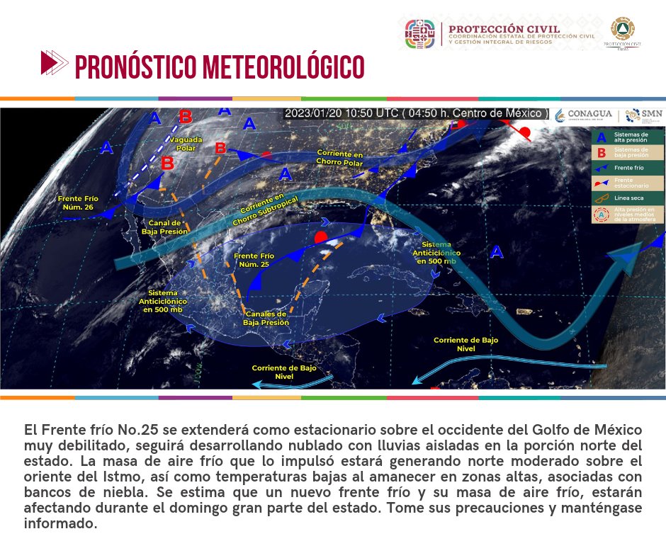CEPCyGR_GobOax's tweet photo. #PronósticoMeteorológico | Frente frío 25 muy debilitado sobre el Golfo de México, seguirá desarrollando nublado con lluvias aisladas en el norte del estado. 

👉#EventoNorte moderado en el Istmo y temperaturas bajas al amanecer en zonas altas, asociadas con bancos de niebla. https://t.co/MryeHRz9rk