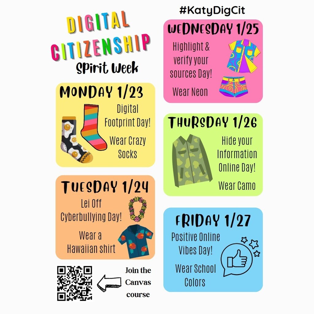 WMJHlibrary's tweet photo. Celebrate Digital Citizenship Week with us by dressing up each day! Monday kicks off with Digital Footprint Day. Wear your crazy socks! @wmjhjaguars #jaguarpride #wmjhpride #KatyDigCit #digitalcitizenship #challenge #crazysocks #dressupweek https://t.co/cKn0l9Q8sP https://t.co/OK0HIgvxDp