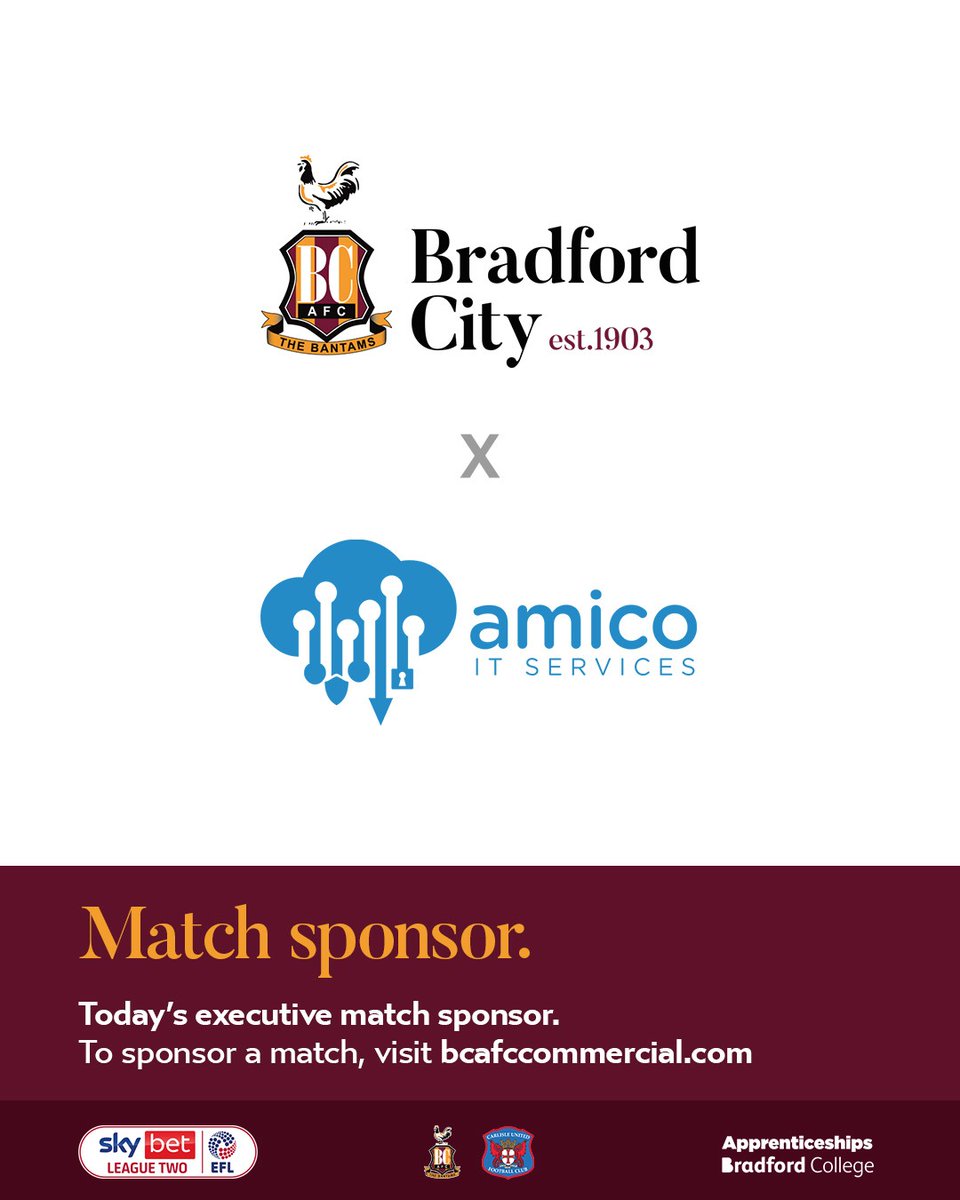 🤝 | A warm welcome to this afternoon's matchday sponsors!

☝️ | Big Match Sponsor: <a href="/carling/">Carling</a> 
✌️ | Executive Match Sponsor: <a href="/amicoitservices/">Amico IT Services</a> 

💻 | Visit: bcafccommercial.com/matchday

#BCAFC
