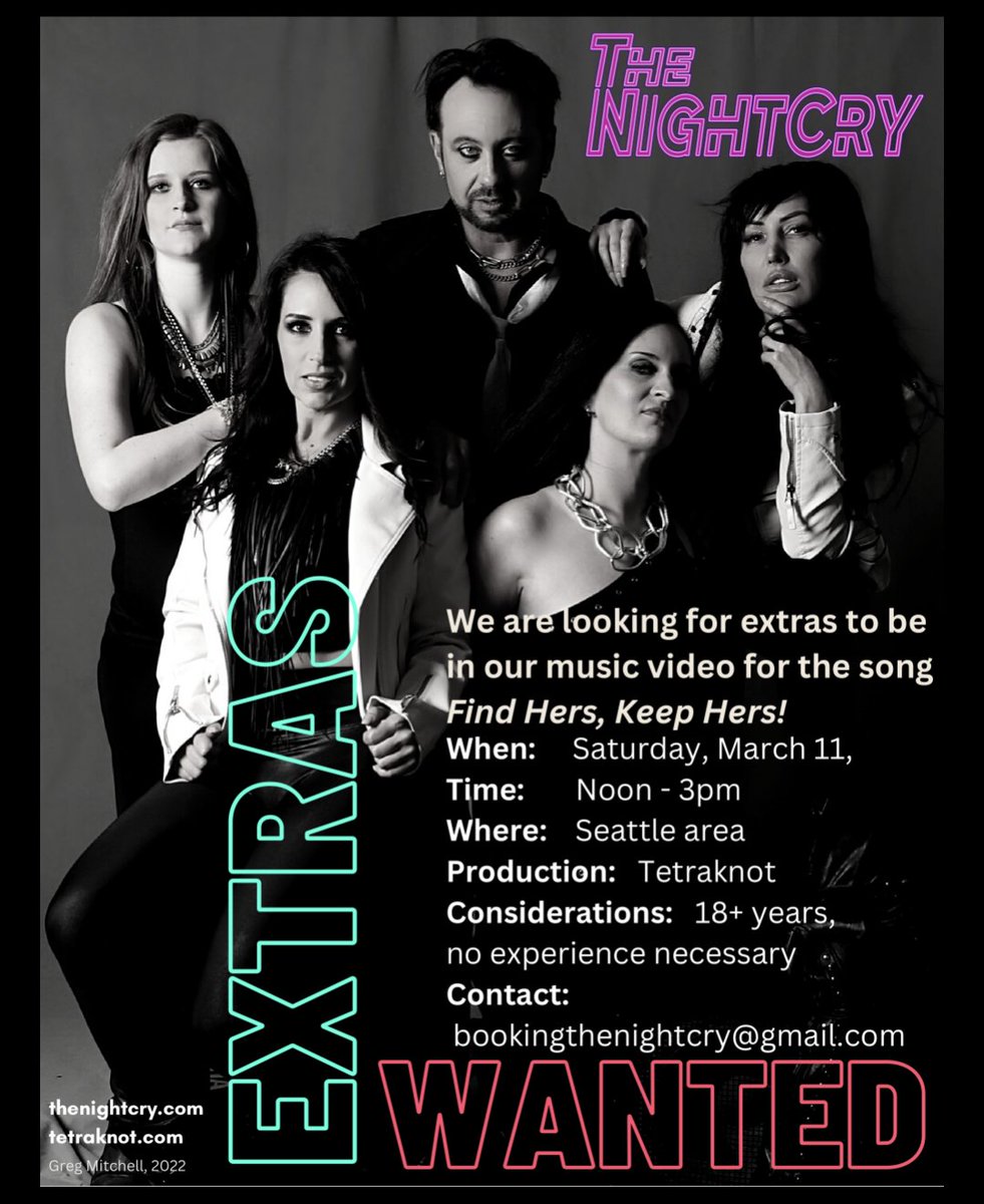 Wanna be in our next music video? We're looking for some awesome people like you! #band #femalebassist #femaledrummer #femaleguitarist #femalekeyboardist #femalemusicians #malefrontedgirlband #postmodern #retrowave #rock #seattle #synthwave #synthrock #thenightcry #darkwave