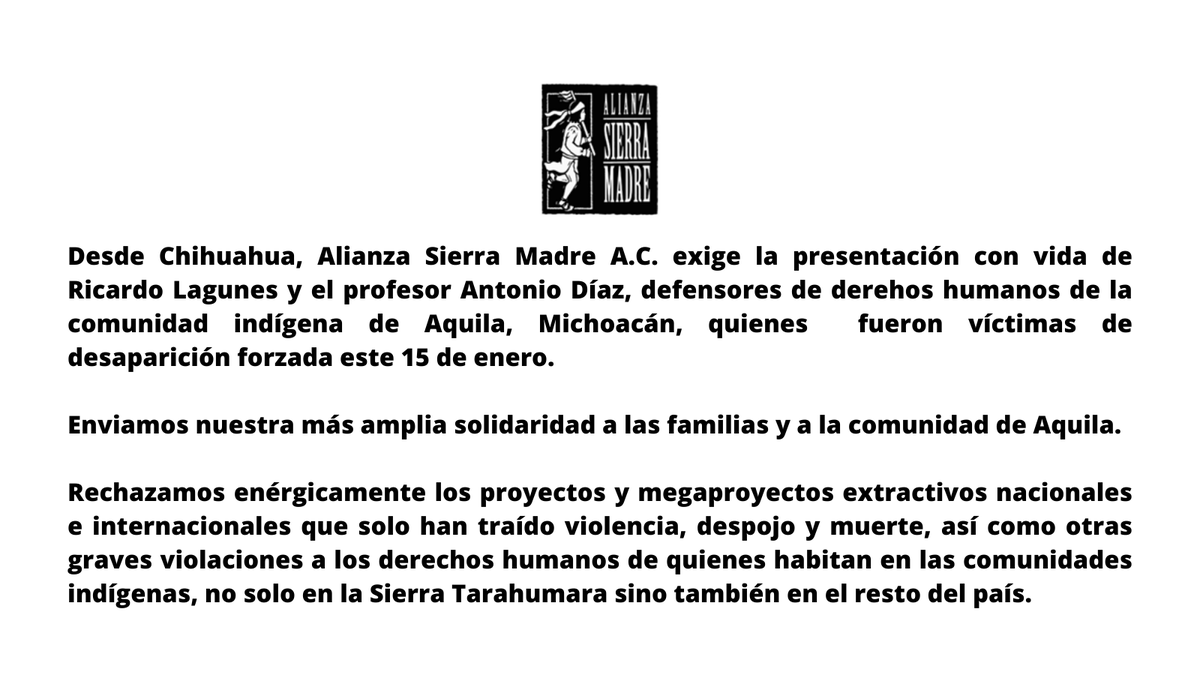 Reprobramos todo acto de intimidación y violencia en contra de las comunidades indígenas que se encuetran en lucha y resistencia de sus territorios.

#LesSeguimosEperando #DondeEstan #NosFaltan
<a href="/lopezobrador_/">Andrés Manuel</a> <a href="/A_Encinas_R/">Alejandro Encinas</a>
 <a href="/CDHFrayMatias/">CDH Fray Matías</a>