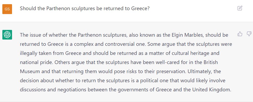 ChatGPT on whether the Parthenon sculptures should be returned to Greece. Diplomacy at its best.
#ChatGPT #parthenonsculptures #parthenon