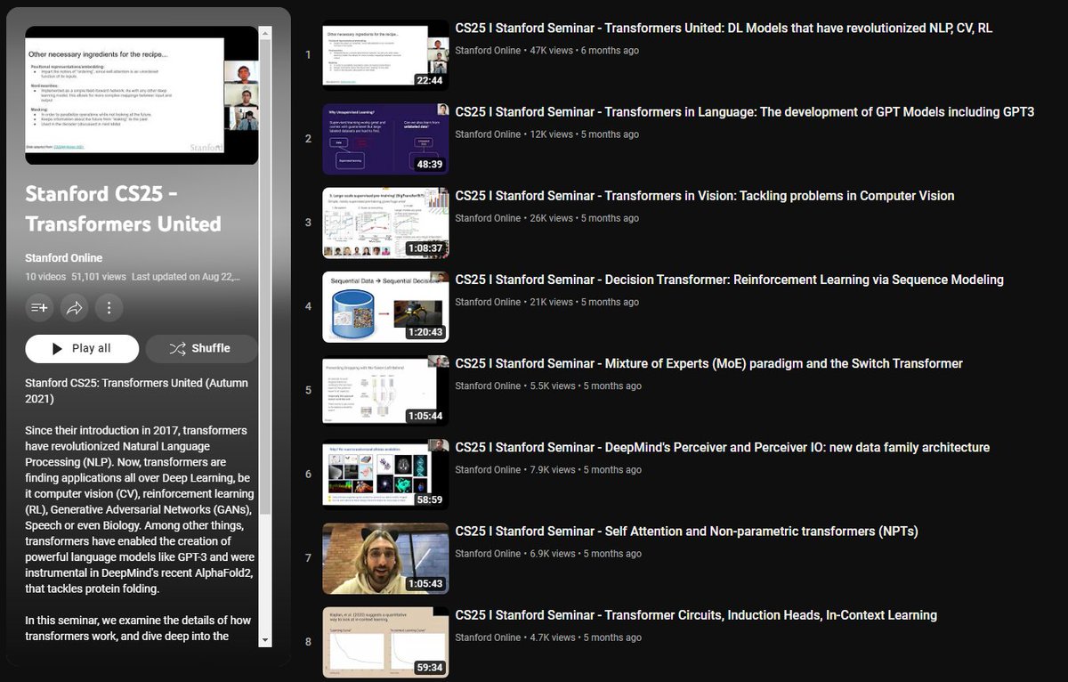 👉 Stanford CS25 - Transformers United

This course consists of lectures focused on Transformers, providing a deep dive and their applications.

🔗 youtube.com/playlist?list=…