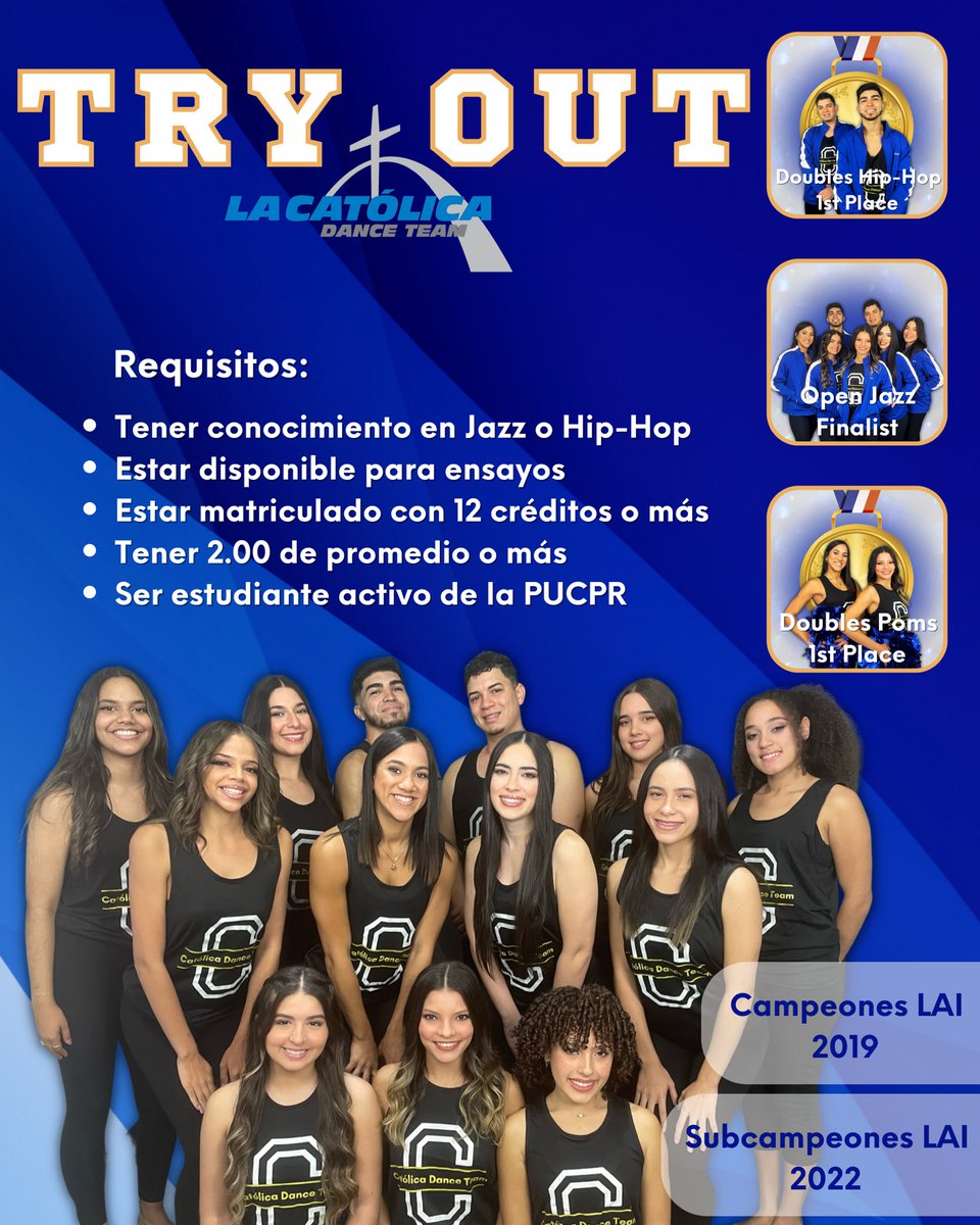 CatolicaDance's tweet photo. ¿Quieres competir en las Justas 2023?

¡Tienes la oportunidad de audicionar!

📅 lunes 23 y 30 de enero de 2023

📍 Salón de Baile (Complejo Deportivo y Cultural PUCPR Ponce)

⏰ 6:30pm

Ven, participa y se parte de esta gran experiencia… 💙 https://t.co/AEEadCDcQ1