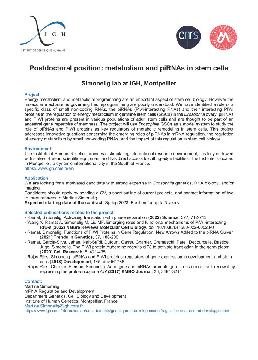 InstituteHumGenetics (@igh_mtp) on Twitter photo Postdoctoral position: metabolism and piRNAs in stem cells in Simonelig lab at <a href="/IGH_MTP/">InstituteHumGenetics</a> <a href="/CNRS_OccitaniE/">CNRS Occitanie Est</a> <a href="/umontpellier/">Université de Montpellier</a> , Montpellier 🇫🇷 Postdoctoral position: metabolism and piRNAs in stem cells in Simonelig lab at <a href="/IGH_MTP/">InstituteHumGenetics</a> <a href="/CNRS_OccitaniE/">CNRS Occitanie Est</a> <a href="/umontpellier/">Université de Montpellier</a> , Montpellier 🇫🇷