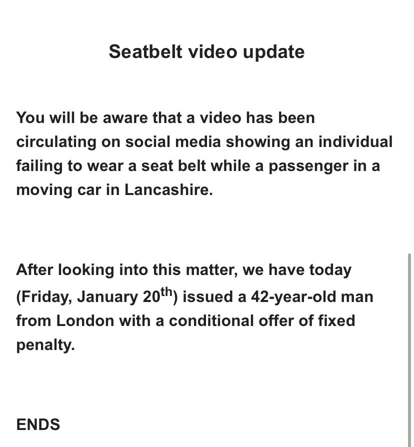 Seatbelt news…. From Lancashire Police.