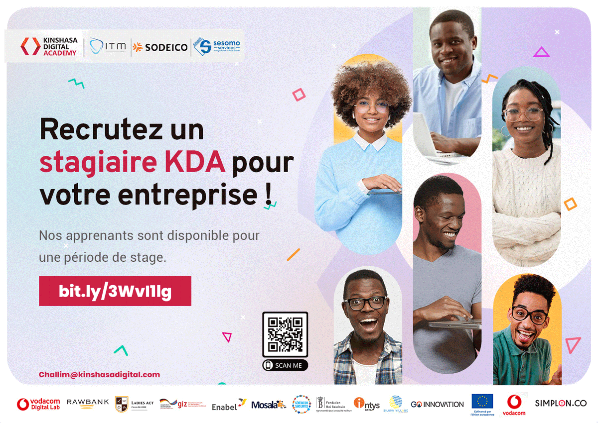 Êtes-vous à la recherche d'un stagiaire Développeur Web et Web Mobile ou spécialiste en marketing digital ?

Remplissez ce formulaire : bit.ly/3WvI1lg.

#digital #formation #stage #kda #emploi #oppotunités #kinshasa #digitalmarketing #programmationweb #simplon