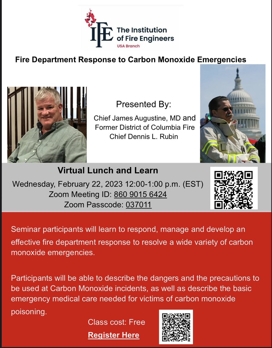 ChiefRubin's tweet photo. Great opportunity to learn and/or review operations at Carbon Monoxide incidents. Tune-in to hear from one of America’s Best Medical Directors, Dr. Jim Augustine. Excellent information for a Company Drill, grab lunch &amp; participant at No Cost! @chief7100 ⁦⁦@PekiPrince1⁩ https://t.co/lURfKxU09F