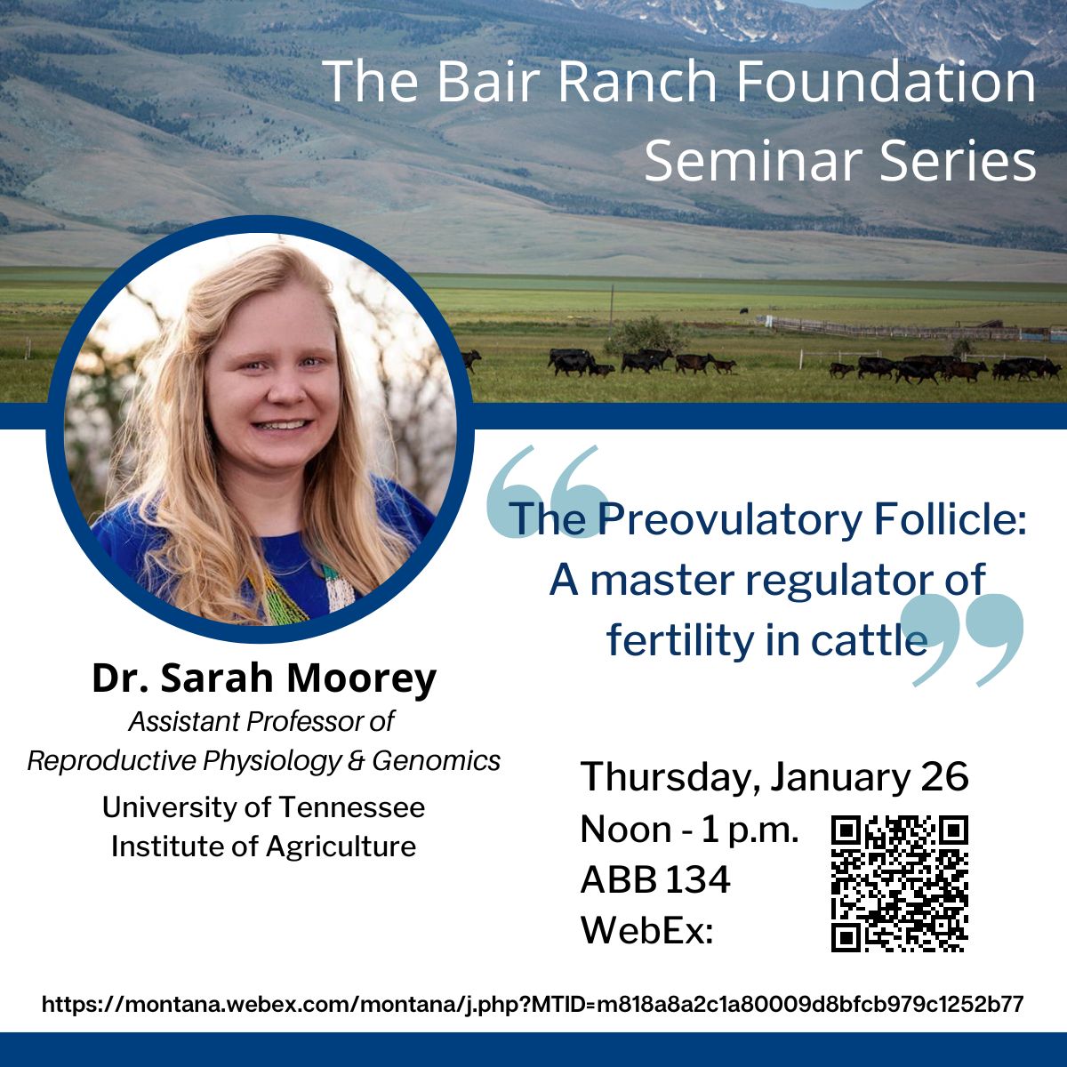 We are pleased to welcome Sarah Moorey, asst. professor @UTIAg, as our first Bair Ranch Foundation Seminar speaker for spring. Dr. Moorey will present 'The Preovulatory Follicle: A master regulator of fertility in cattle.' Info at animalrange.montana.edu/bairranchfound…
:
#AgTwitter #beefcattle