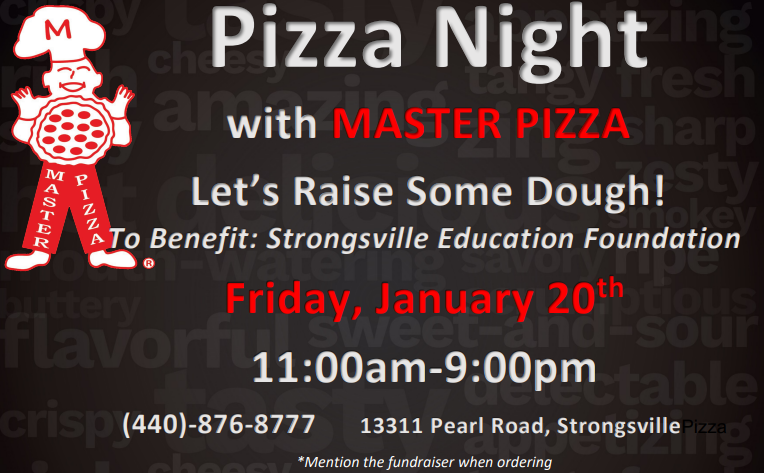 strongsvillecs's tweet photo. ”Raise some dough” for the Strongsville Education Foundation by ordering from Master Pizza (13311 Pearl Rd. / 440.876.8777) TODAY (Fri. 1/20/23). A portion of sales between 11a-9p will be donated back to the Foundation &amp; their generous support of SCS students &amp; teachers! https://t.co/TNQi4ypTj7