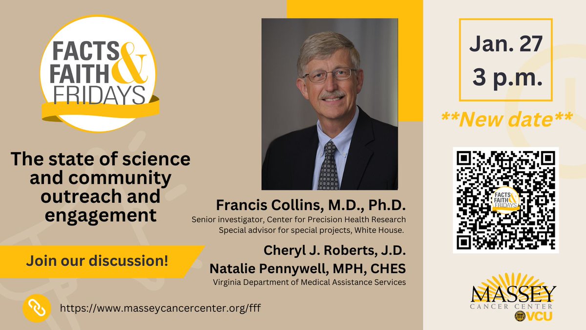 Dr. Rob Winn (@drrobwinn) on Twitter photo Don't make me name names, so take this as your reminder. You still have time to sign up for next week's <a href="/VCUMassey/">VCU Massey Comprehensive Cancer Center</a> Facts & Faith Fridays with Dr. Francis Collins. Hear about his current roles at <a href="/genome_gov/">National Human Genome Research Institute</a> and the <a href="/WhiteHouse/">The White House</a> after more than 12 years as <a href="/NIH/">NIH</a> director. Don't make me name names, so take this as your reminder. You still have time to sign up for next week's <a href="/VCUMassey/">VCU Massey Comprehensive Cancer Center</a> Facts & Faith Fridays with Dr. Francis Collins. Hear about his current roles at <a href="/genome_gov/">National Human Genome Research Institute</a> and the <a href="/WhiteHouse/">The White House</a> after more than 12 years as <a href="/NIH/">NIH</a> director.