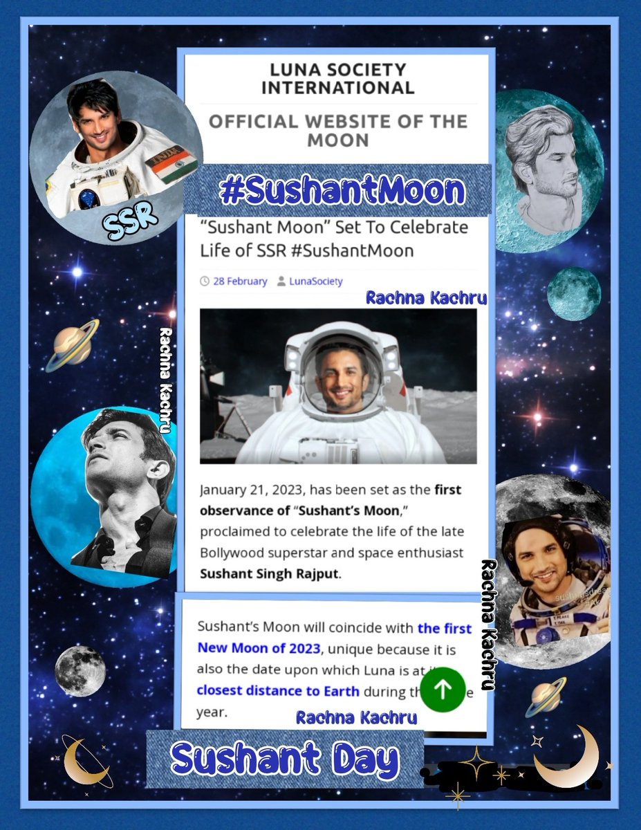 KachruRachna's tweet photo. January 21,2023 set as the first observance of "Sushant's Moon"by Luna Society International,celebrating the life of our Superstar &amp; Space Enthusiast #SushantSinghRajput
Celebrate Sushant
#SushantMoon🌔

Sushant Day

@Geet_205 @itsnimmi68 @cv148 @GauriSh00526155 @LunaSocietyIntl https://t.co/PNkeHEcBpQ