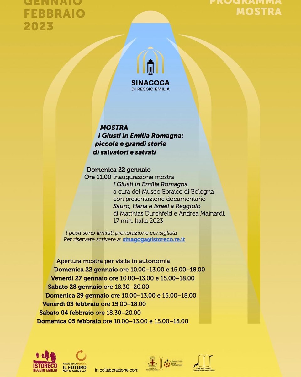 I Giusti in Emilia Romagna: piccole e grandi storie di salvatori e salvati: le iniziative in sinagoga dal 22 gennaio al 5 febbraio:
domenica 22 partiamo alle 11 con la presentazione del documentario “Sauro, Hana e Israel a Reggiolo” a cura di Matthias Durchfeld e Andrea Mainardi.