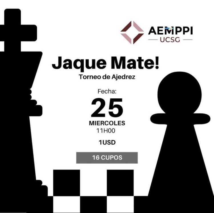 AemppiU's tweet photo. Comité Permanente de Educación Médica de AEMPPI UCSG en colaboración con CURSOS MEPRECAR  presenta el torneo de Ajedrez: “Jaque Mate!”♟

💰COSTO: $1.00
📌FECHA: Miércoles 25 de Enero
📍LUGAR: Área social Juan Pablo II 
📌Link de inscripción: https://t.co/T9GfOyjaEI
(Código QR) https://t.co/V7g3zzQ0dC