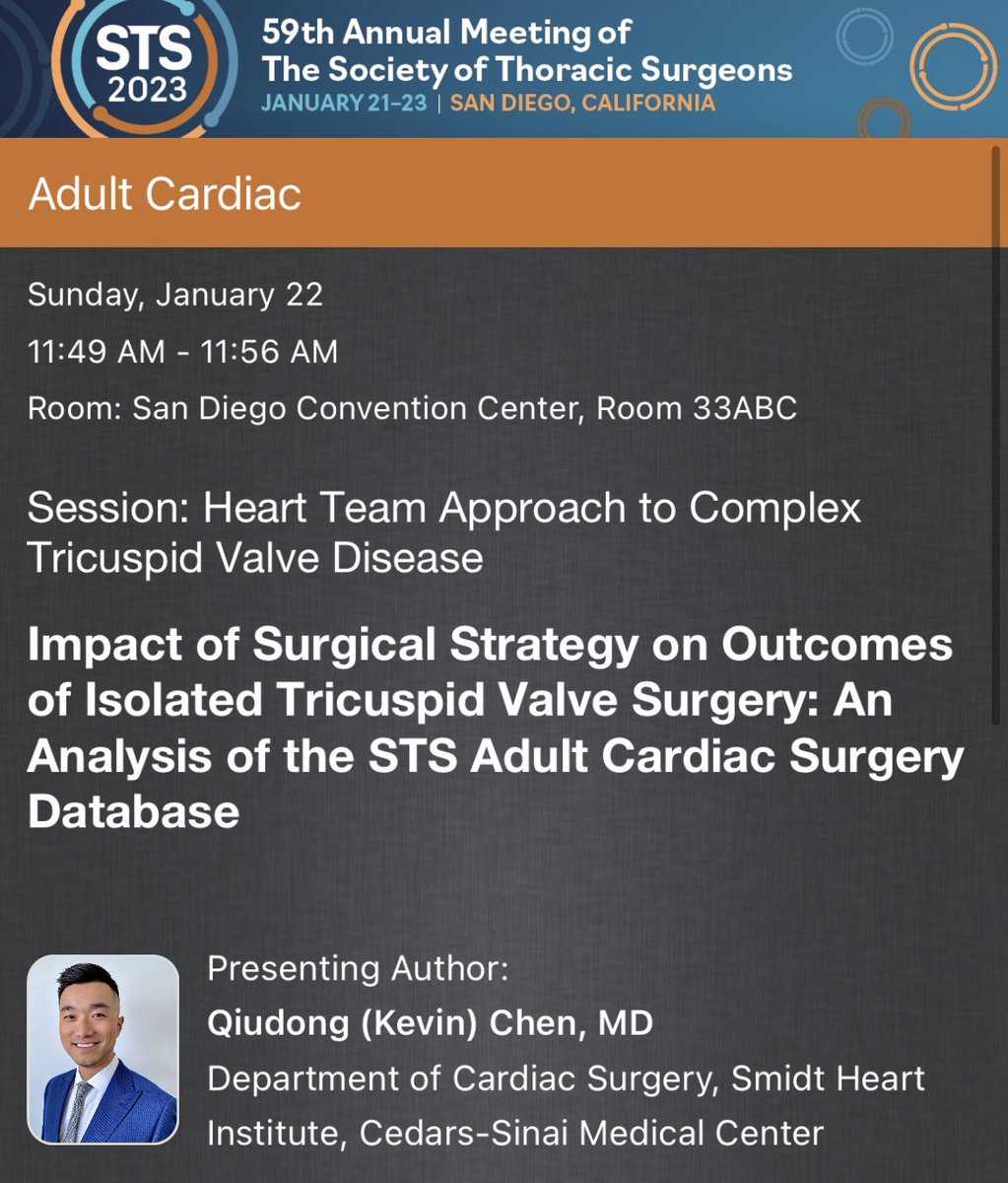 Headed to SD for the @STS_CTsurgery annual meeting! Very excited to share our analysis on isolated tricuspid surgery using the national STS adult cardiac surgery database on Sunday 1/22 #STS2023 @CedarsCTSurgery @GenSurg_CS